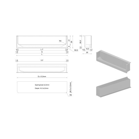 Infreesgreep Hamal messing 120mm, 200mm en 1000mm